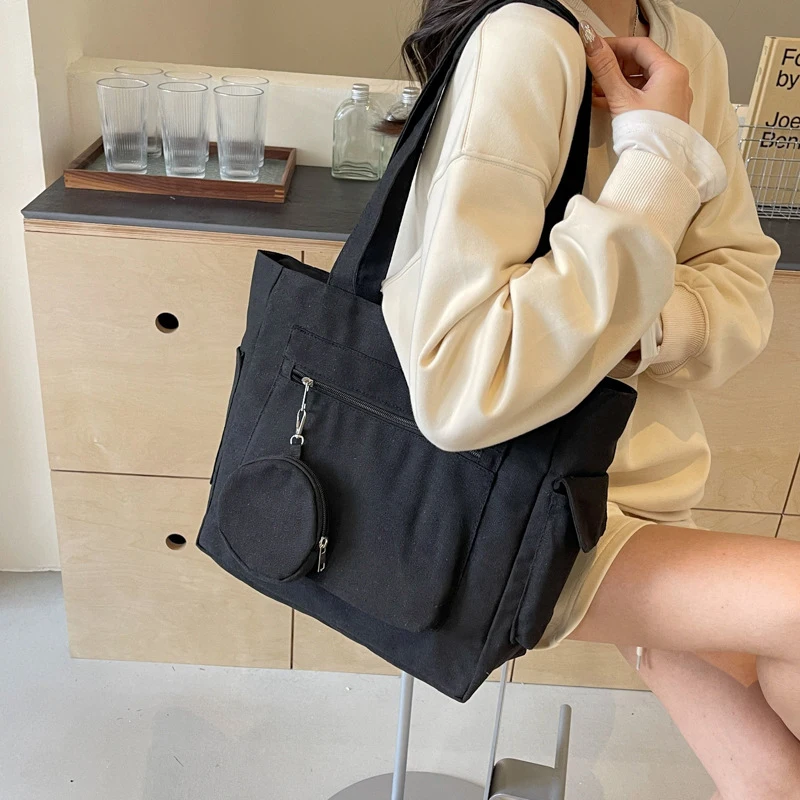 حقيبة حمل قماشية ذات سعة كبيرة للعمل والتنقل على طراز الكلية وحقيبة كتف للكتب مع محفظة مستديرة #5