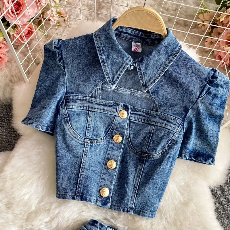 Denim Shorts Sets For Women Girls Turn Down Collar Hollow Out Short Shirts+Shorts Jeans 2 Pieces Clothing Sets Outfits