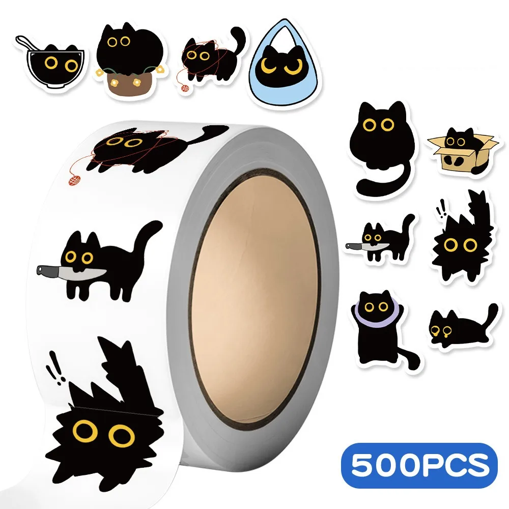 

500 шт./рулон креативные самоклеящиеся наклейки с изображением кота, водонепроницаемые наклейки с героями мультфильмов, граффити, сделай сам, милые наклейки с черным котом, канцелярские принадлежности