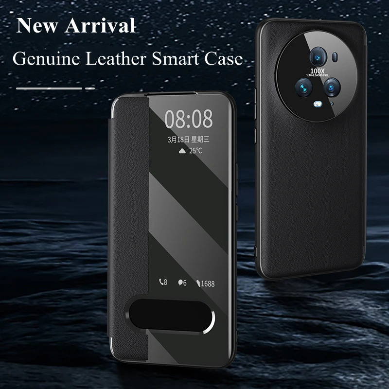 

Роскошный Матовый чехол из натуральной кожи для Honor Magic 5/Magic 5 Pro/Magic 5 Ultimate Edition с окошком для просмотра разбуждения и сна