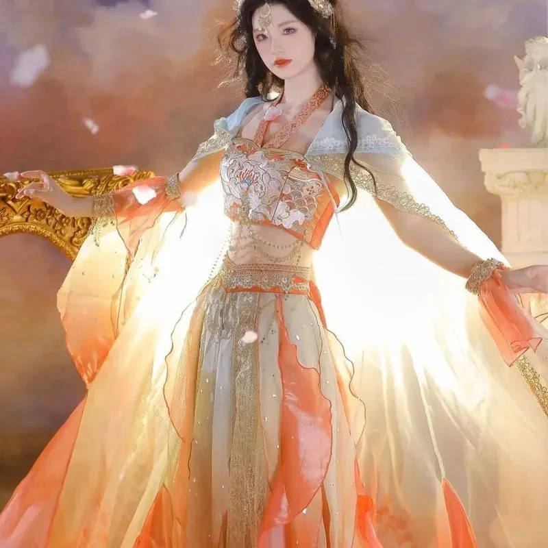 

2025 Hanfu Red Silk Koi Fish Exotic Charm Flying Indian Goddess Strapless Hezi Skirt Traveling Shooting Classical Dress Dancer