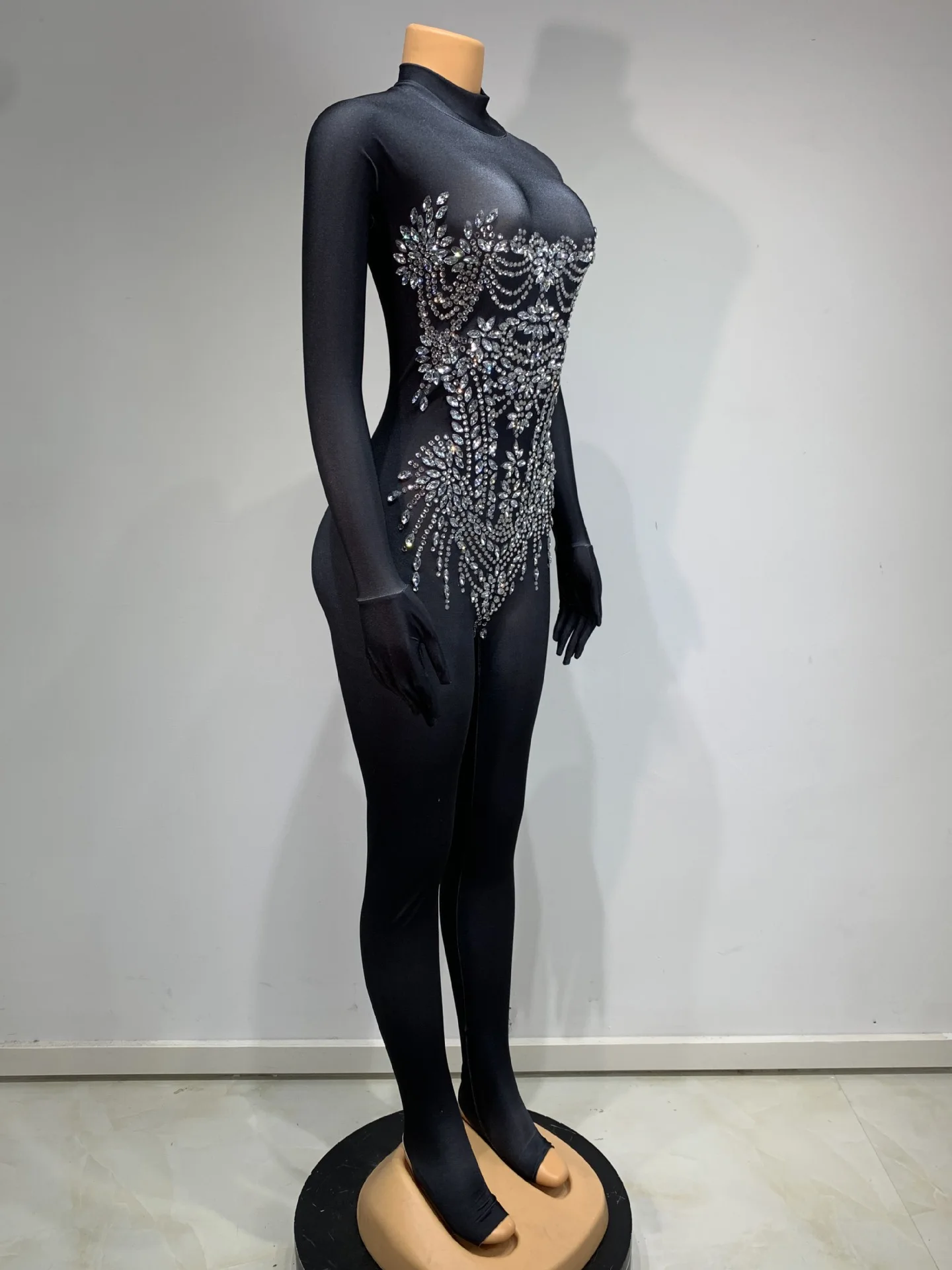Mono negro para mujer, vestidos para ocasiones especiales, guantes, manga, cuentas de cristal, ceñido al cuerpo, vestido de noche para discoteca, disfraces de espectáculo de escenario