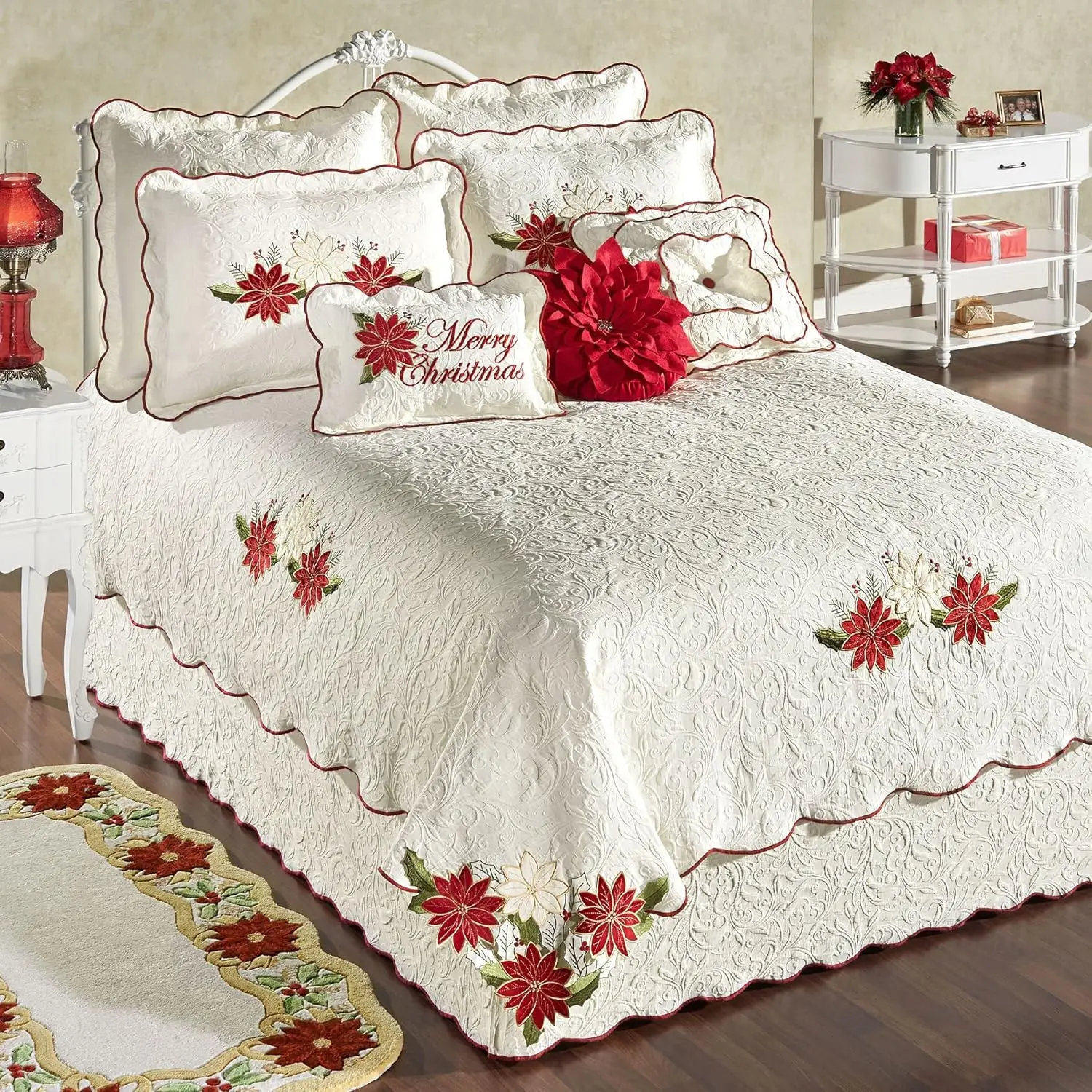 Christmas Poinsettia Woven Matelasse Oversized Coverlet Set - Light Cream, Red, Green - Holiday Decor For Your Bedroom, Guest