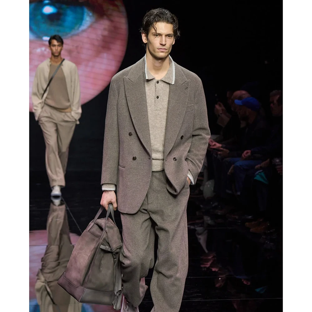 Light luxury commuter Light Gray-Brown Men's Double-Breasted Suit 2 Piece Set Peak Lapel Loose Casual Office Male(Jacket+Pant）