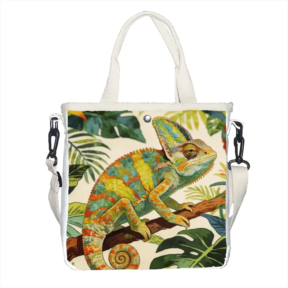 

Vintage Botanical Chameleon Tote Bag, Adjustable Strap Tropical Reptile Shoulder Bag