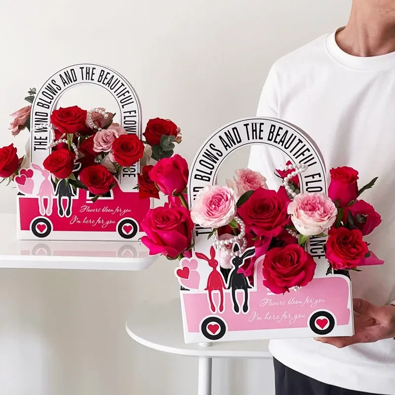 

3pcs Flower Arrangement Box Valentine's Day Handheld Truck Flower Boxes Romantic Rabbit Flower Art Packaging Red Empty Gift Box