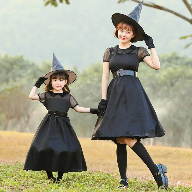 

Halloween Witch Costume Black Veil Witch Outfit Elegant Ghost Game Night Performance Clothing Parent-Child Performance Dress
