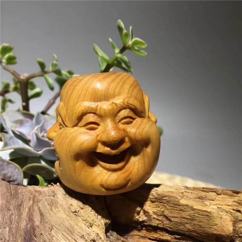 Chinese style cliff cypress  wood carving with four sided Buddha decorations of joy, anger, sorrow, and music People expression