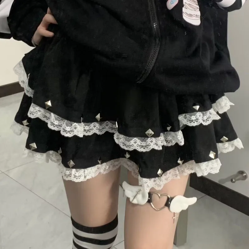 Falda con remaches, falda de encaje estilo rock, falda estilo Harajuku Y2k, falda abullonada para chicas millennial