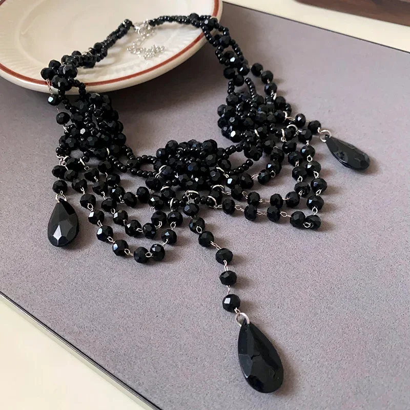 Draweye Multilayered Crystal Necklaces for Women Black Beads Vintage Jewelry Hyperbole Korean Fashion Collares Para Mujer