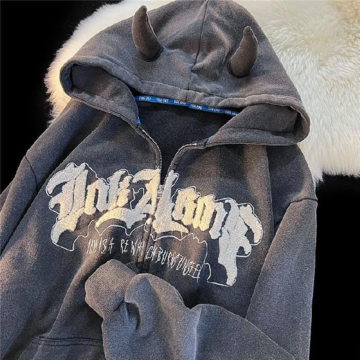 Women Retro Hoodies Zipper Long Sleeve Jacket Coats Casual Hooded Oversized Sweatshirts Y2k Streetwear Couples Letter Devil Tops