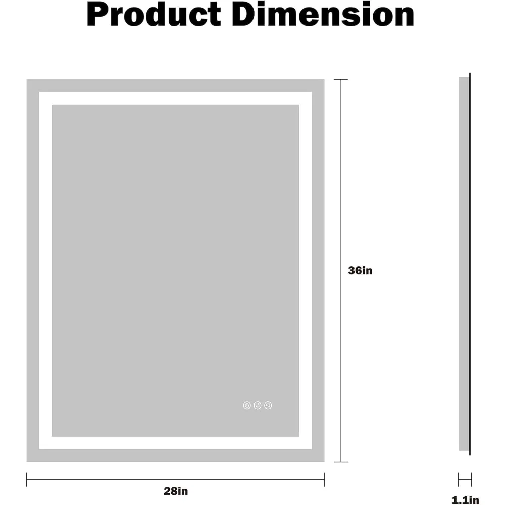 벽걸이형 LED 화장 거울, 김서림 방지 및 조광 조절 가능, 28x36인치 전면 및 후면 조명, IP5 등급 메이크업 거울