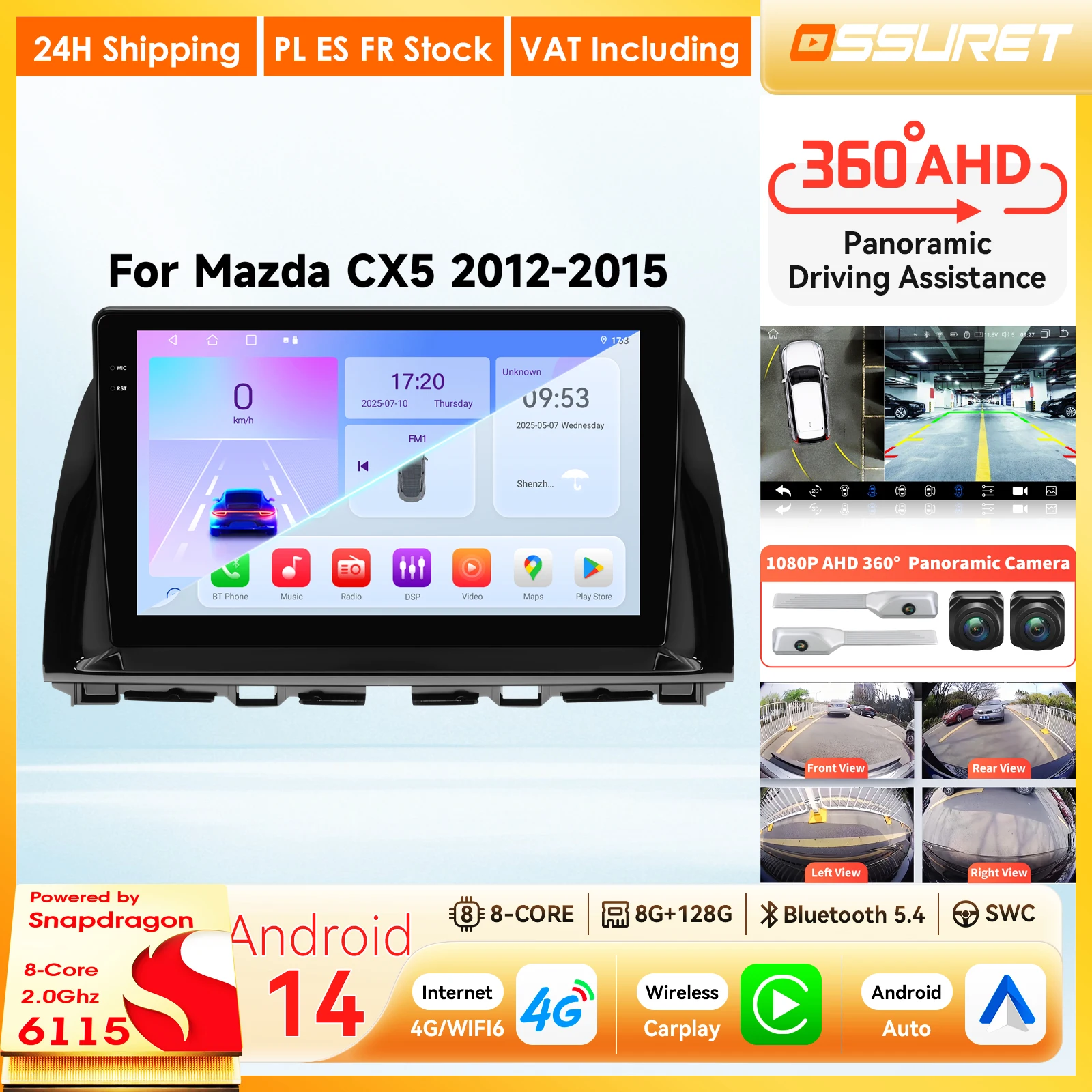Autoradio Android 14 per Mazda CX5 CX-5 2012 2013 2014 2015 con CarPlay Wireless, Sistemi Intelligenti, Multimedia 2Din, RDS, DSP, Schermo Unità Principale