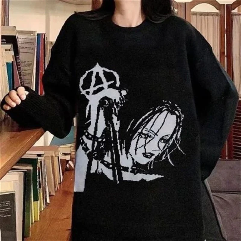 Y2K black and white contrasting personalized street Nana warm knit printed sweater