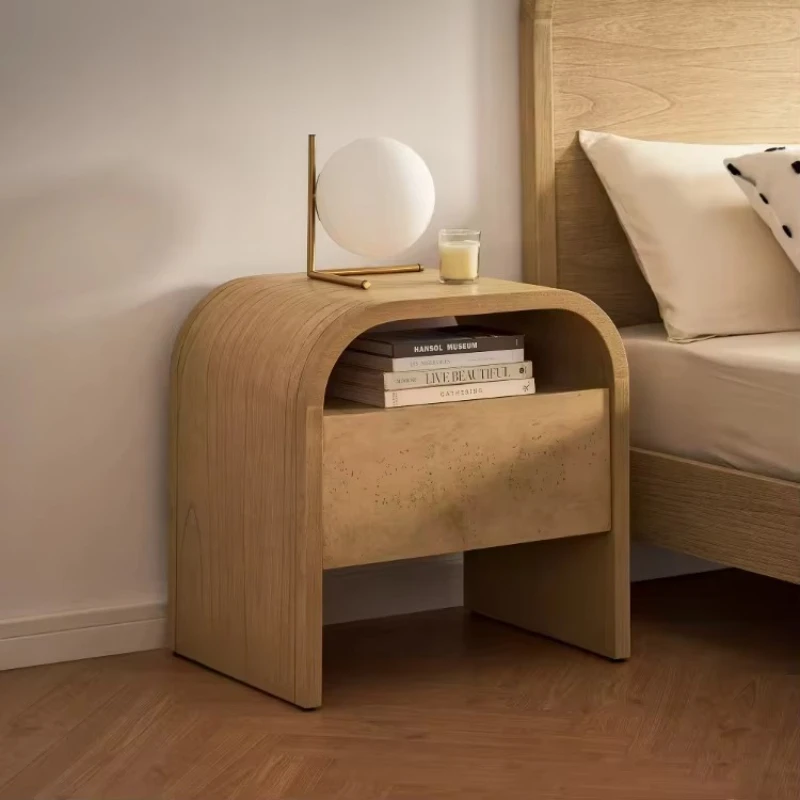 Simple style brown bedside table next to wood wooden bedside table