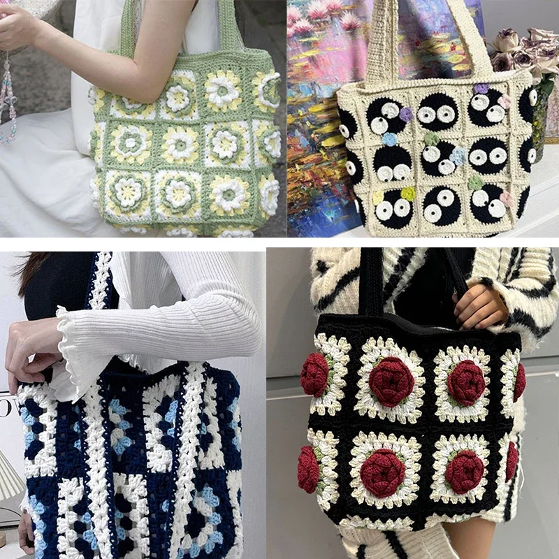 

Fashion Women Camellia Handmade Crochet Shoulder Bag Female Vacation Beach Handbag Purse