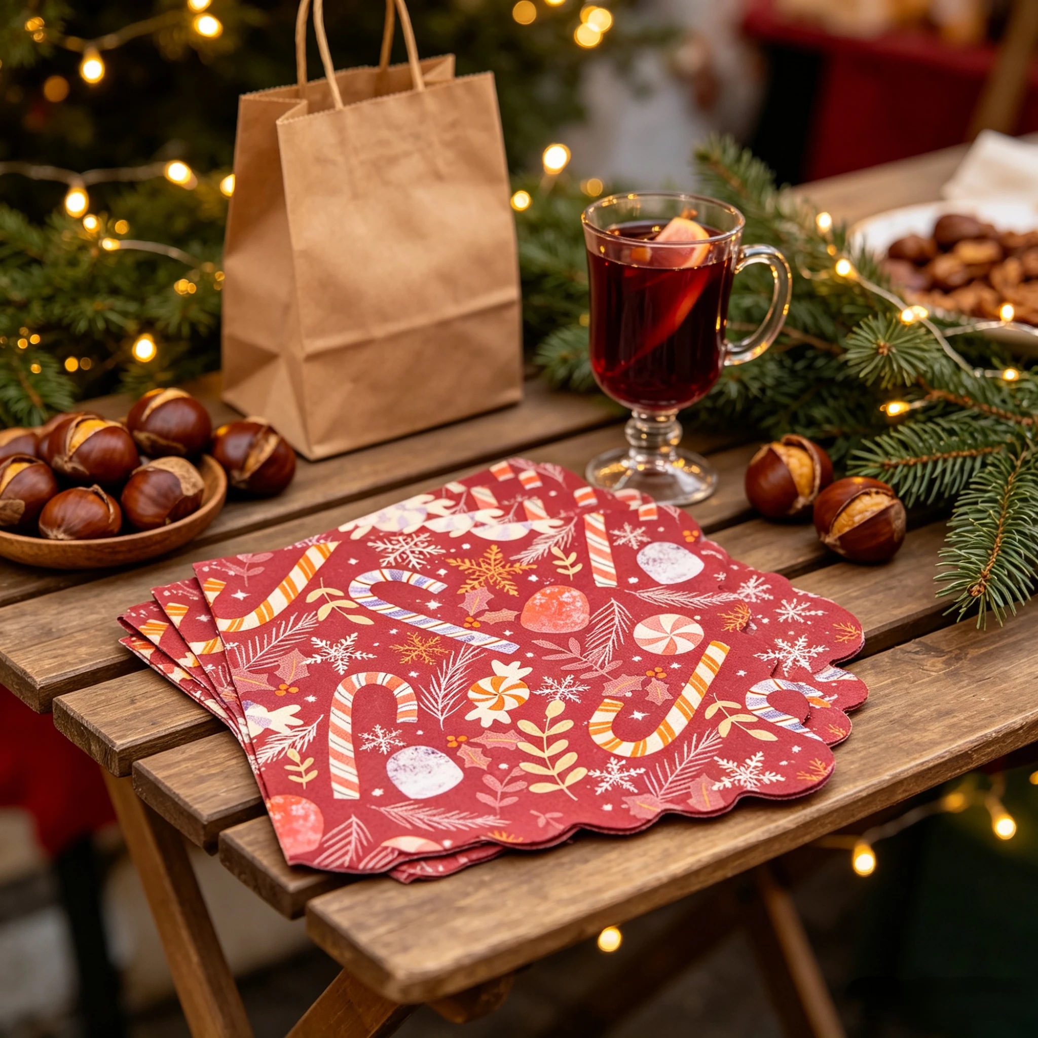 20 PCS Scalloped Christmas Candy Canes, Mints, Snowflakes & Holly Serviette Cocktail Napkins, Xmas, New Year Party Table Decors