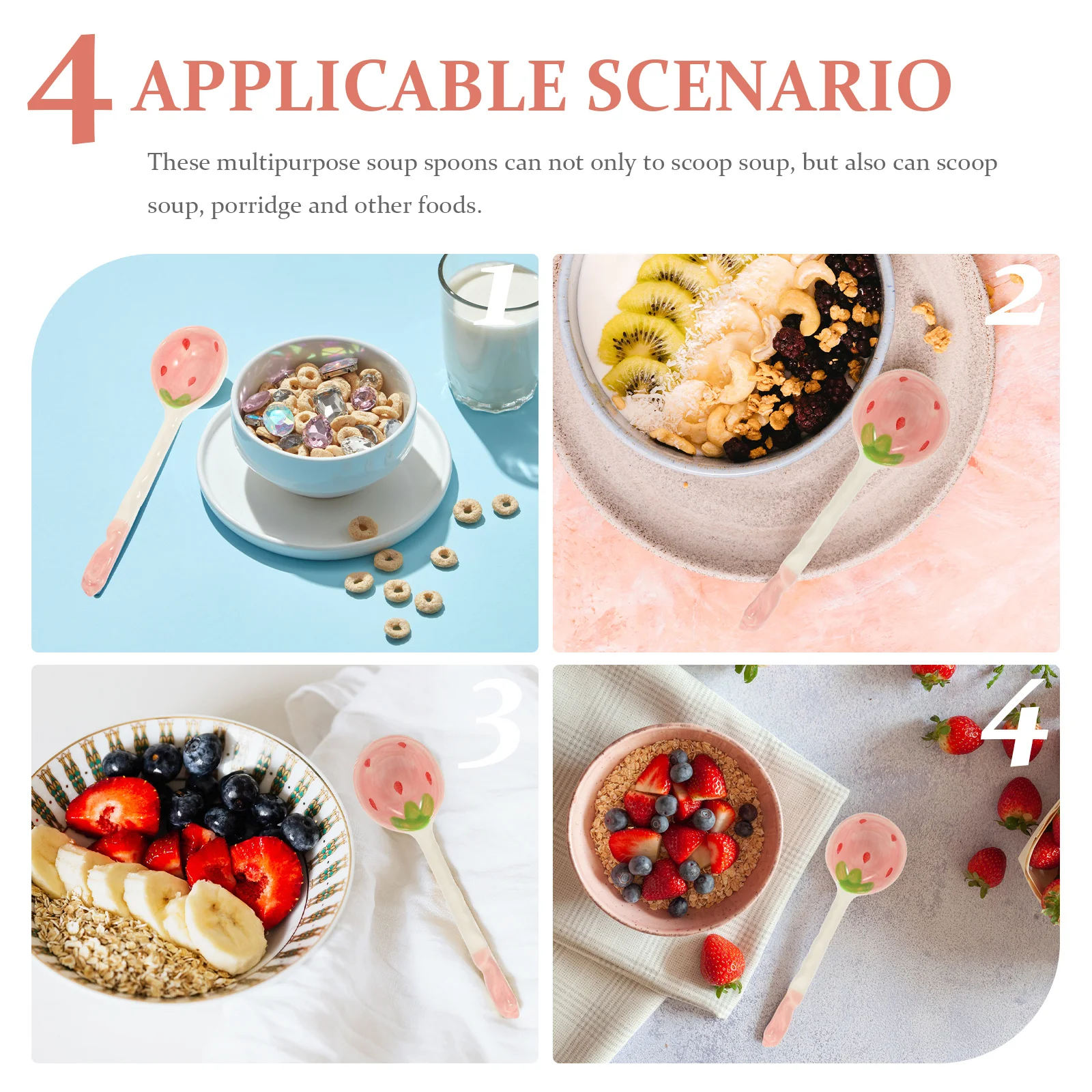 

2Pcs Strawberry Spoons Cartoon Fruit Printing Design Ergonomic Long Handle Soup Porridge Ceramic Spoons Home Kitchen