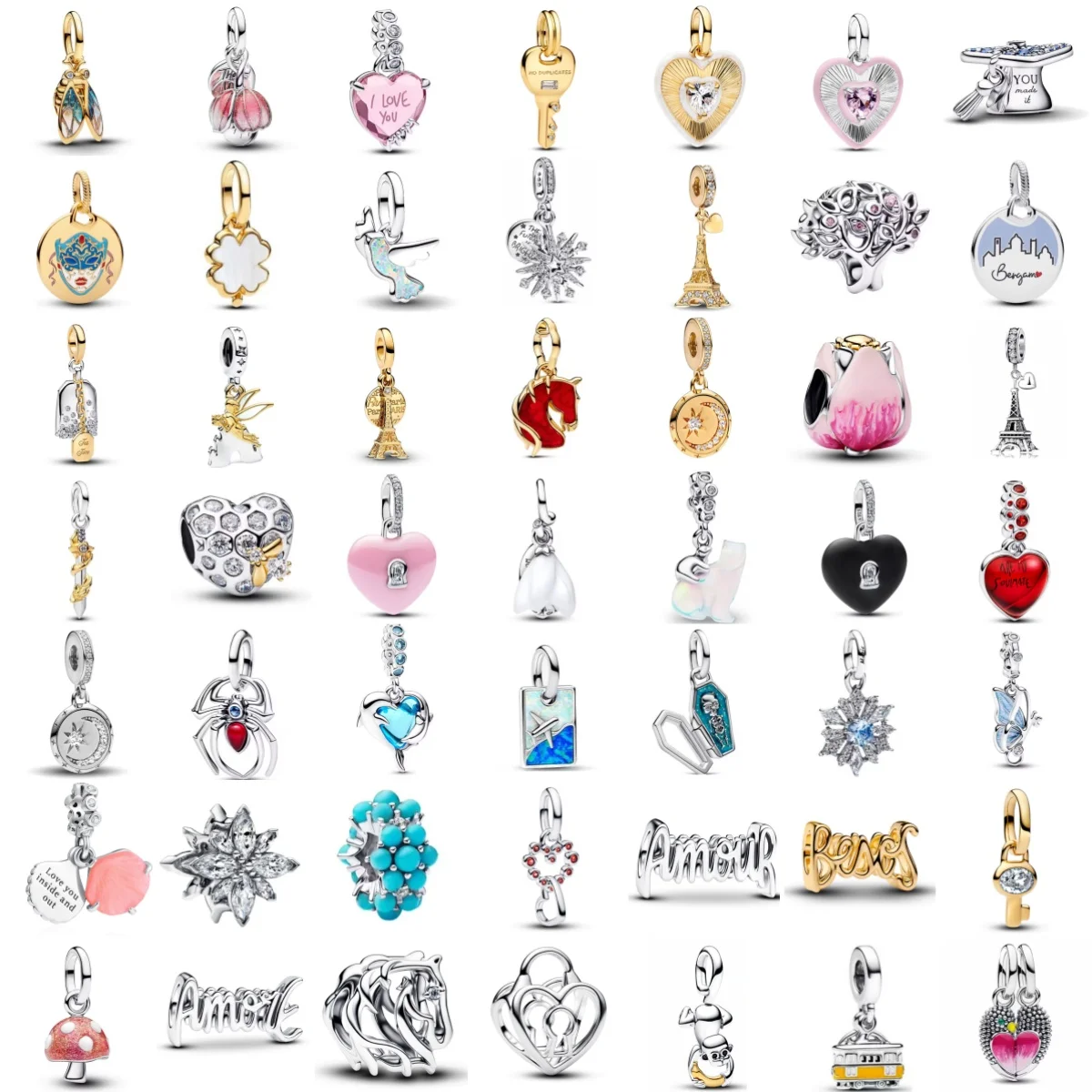 

New 925 Silver Iron Tower Hummingbird Mushroom Key Love Heart Pendant, Suitable for Bracelet DIY Women's Jewelry Accessories