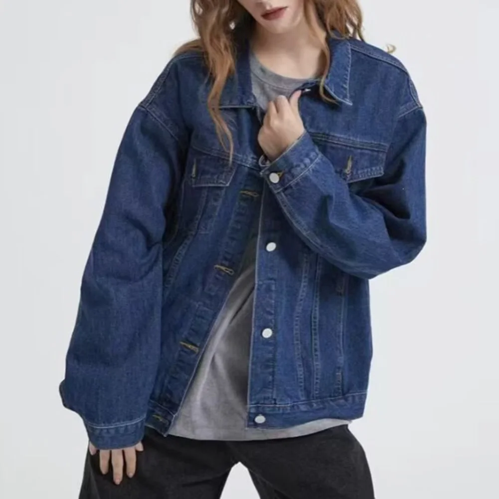 Shirt Style Women's Long Sleeve Jean Coat Casual Loose Fit Outerwear with Turn Down Collar and Button Front Closure