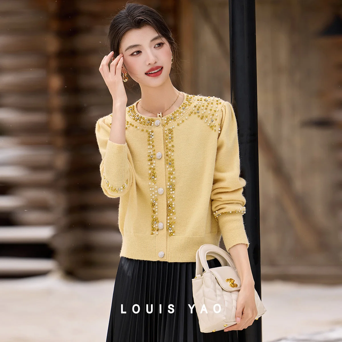 

LOUIS YAO Fashion Nail Bead Knitted Sweater 2025 Autumn/Winter Elegance Gentle Round Neck Solid Color Women's Knit Cardigan