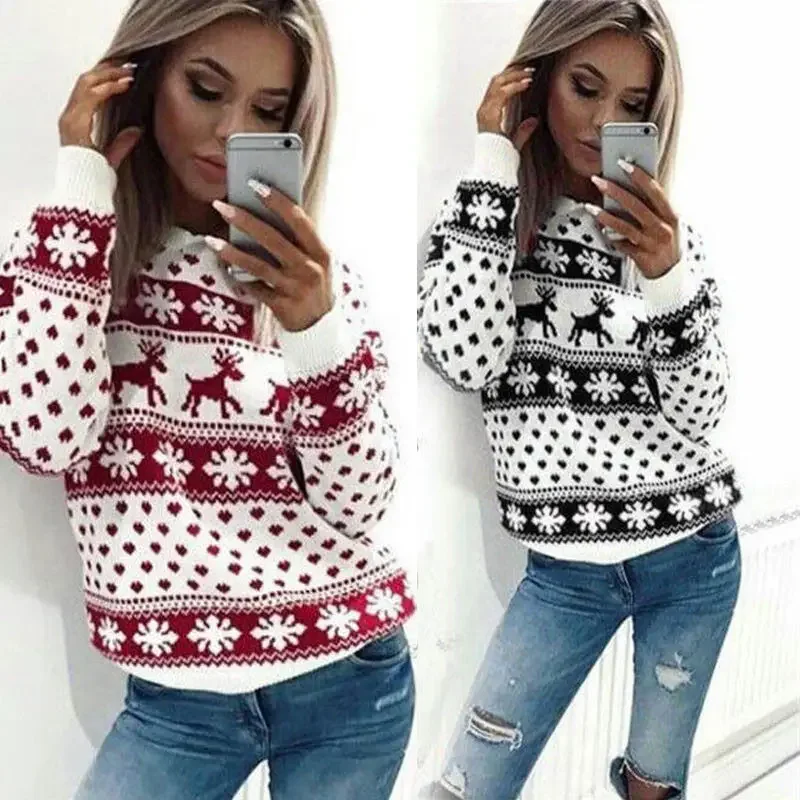 2024 Fashion women's Christmas cartoon deer print long-sleeved round neck pullover sweater hoodie