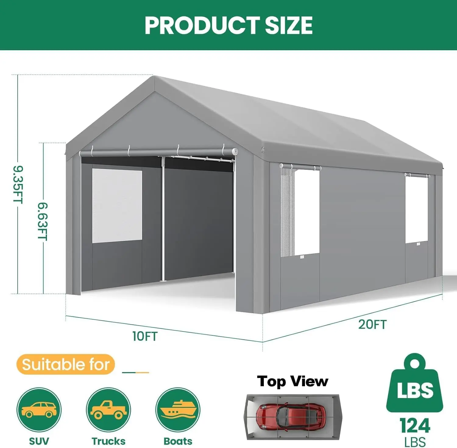 10x20 FT Heavy Duty Carport, Galvanized Frame, Roll-up Windows, Removable Sidewalls & Doors, Sandbags for Vehicle, Customized