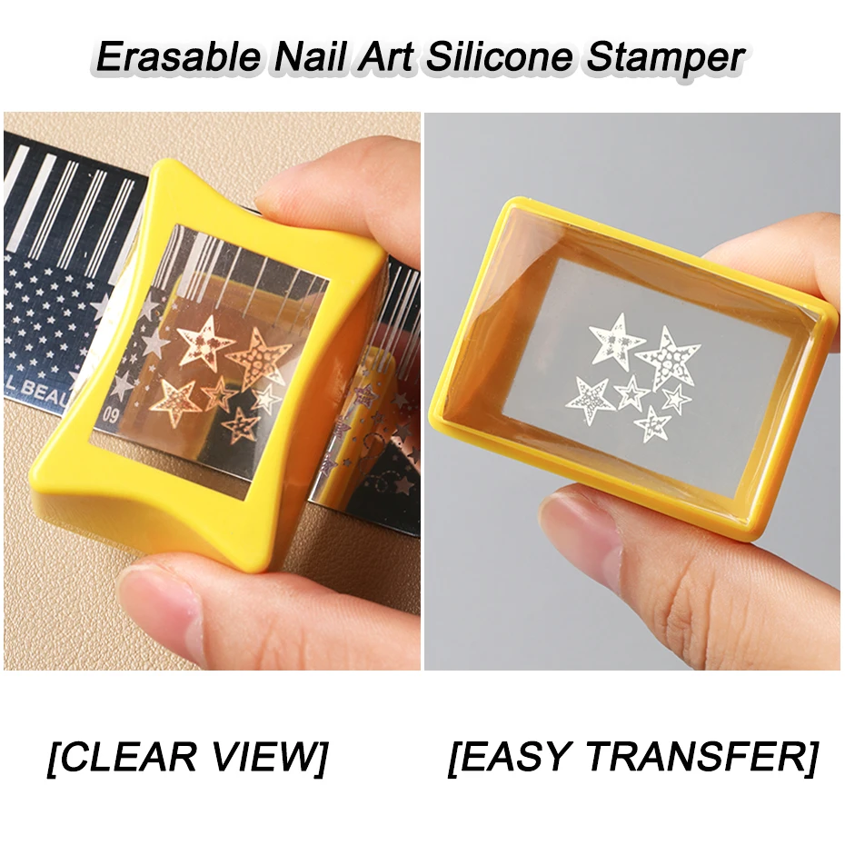 Rosa-gelber, abwischbarer, quadratischer, transparenter Nagelkunst-Silikonstempel mit Schaber, weiches Nageltransfer-Stempelwerkzeug, Maniküre-Zubehör – Detail 4