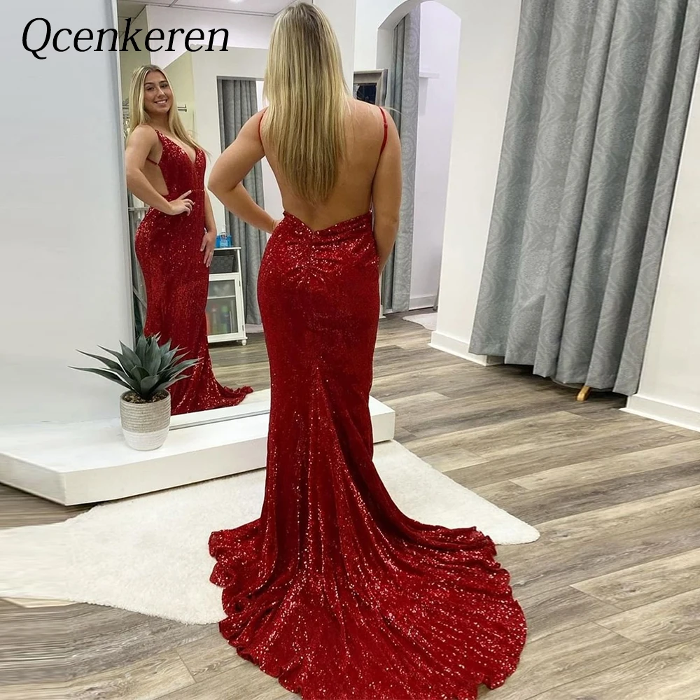 Elegant Mermaid Evening Suitable Formal Bespoke Occasion Sequined Regular Straps Backless Dresses V-Neck Gowns for Women 2020