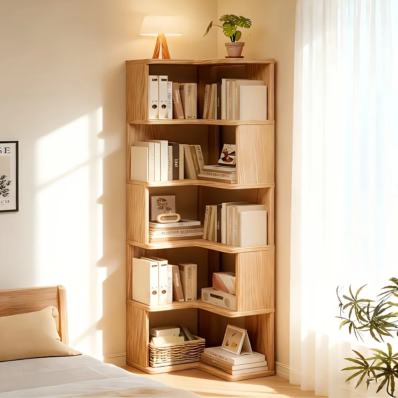 3/5-Tier Rotating Corner Bookshelf – L-Shaped Solid Wood Floor-Standing Storage Unit. Space-saving design ideal for living.