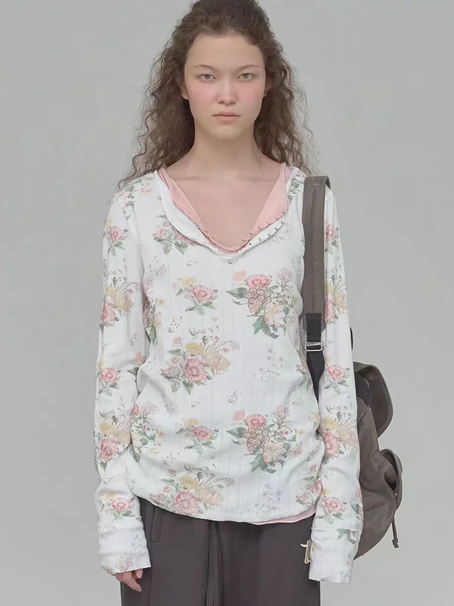 Custom-Dyed Large White Fabric Long Sleeve T-Shirt Women's Base Shirt Henry Collar Early Spring New Style Floral Hook Embroidery