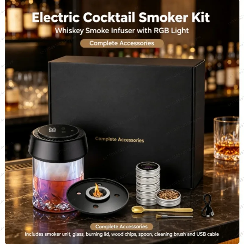 Cocktail Smoker Kit Electric RGB Light Whiskey Smoker 3rd Gen Rechargeable with 6 Flavors Wood Chips for Bar Party