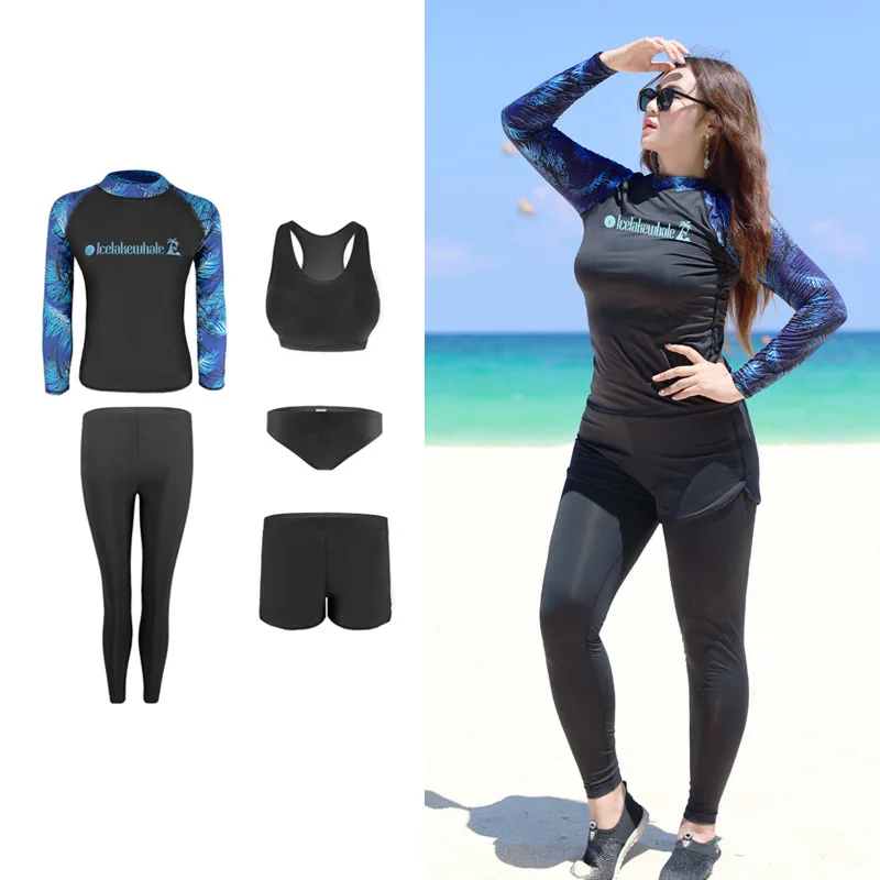 5pcs/set Women Plus Size Long Sleeve Rash Guard Zip Front Athletic Shirt and Pants Tankini Swimsuit Rashguards Full Body Wetsuit