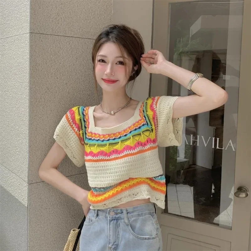 

Elegant Contrast Stripe Crochet Hollow Knit Short Sleeve T Shirt Women Summer Slim Fit Crop Square Neck Top