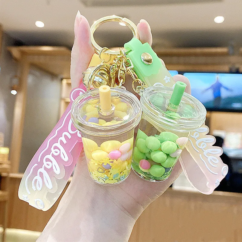 Summer Moving Liquid Acrylic Cup Keychain Cartoon Oil Quicksand Snowflake Ball Keyring Backpack Car Key Pendant Gift Keychains