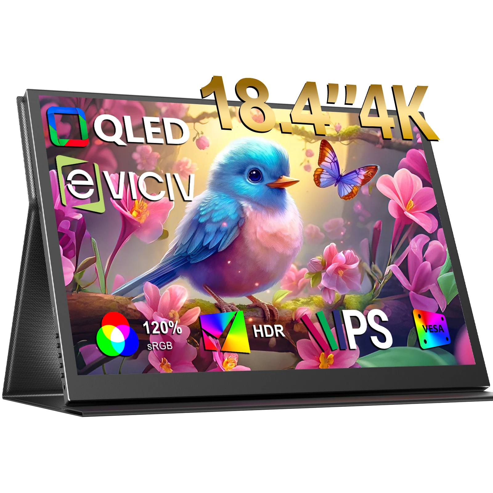 EVICIV 18.4" QLED 4K Monitor portátil 3840×2160 Pantalla de juegos FreeSync HDR 121.3%sRGB Ultra-Slim USB-C/HDMI Segunda pantalla de viaje para computadora portátil MacBook Teléfono Consola de juegos VESA Mount