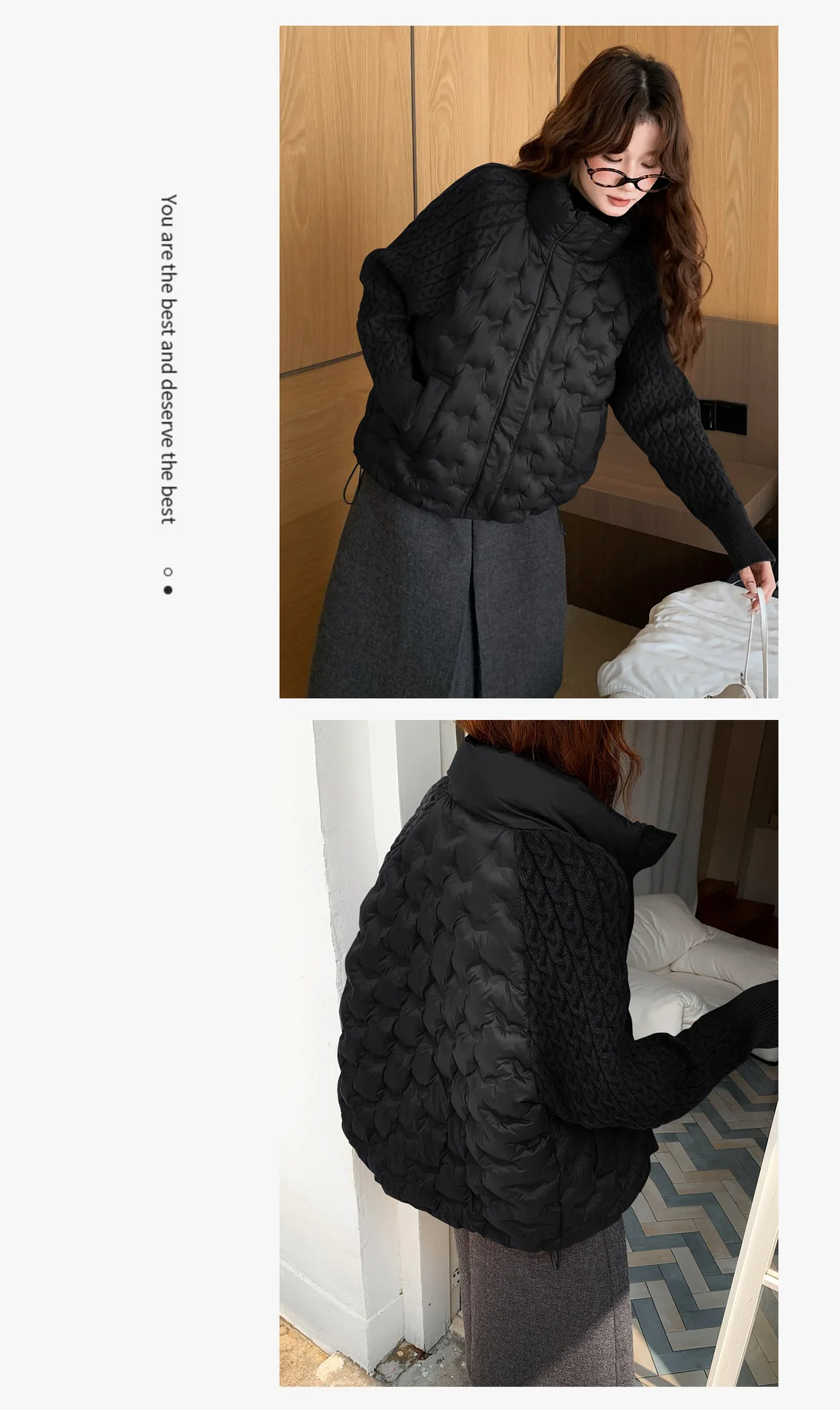 Korean Cable Knit Sleeve Spliced Padded Jacket 2026 Winter Stand Collar Warm Puffer Jacket Women All Match Casual Quilted Parkas
