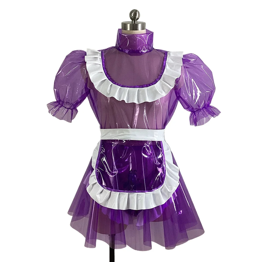 Mens Sissy Dress Sexy Lockable Transparent Plastic Maid Costume Sweet Gothic Lolita Dresses Clear PVC Uniform Sissy Crossdresser