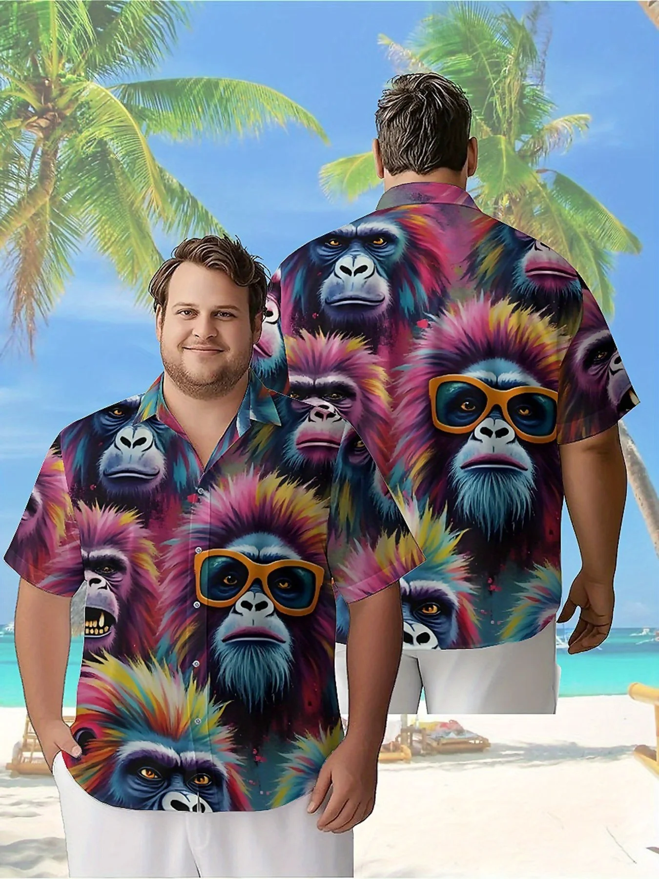 

Men's Plus Size Hawaiian Shirts Rainbow Gorilla Pattern, Button Up Shirts, Unisex Casual Clothing, Summer Tops