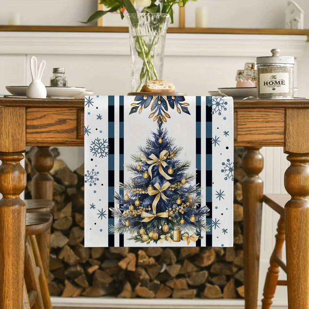 Christmas Tree Blue Snowflakes Linen Table Runner Holiday Party Decor Winter Kitchen Dining Table Runners Christmas Decorations