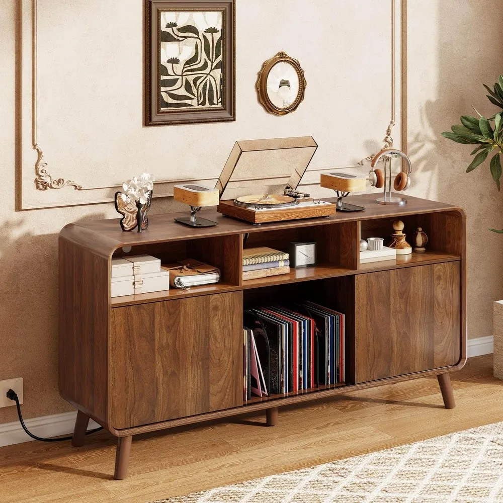55 inch Record Player Stand Mid Century Modern Vinyl Storage Cabinet with Display Shelf Large Turntable Table for