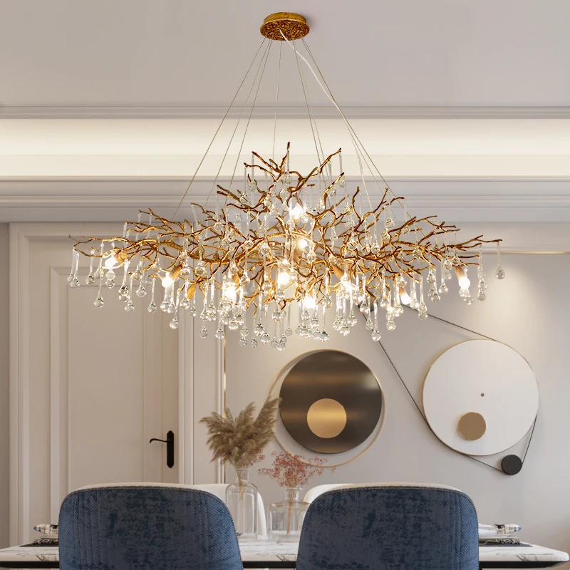 Modern Crystal Chandelier Large Gold Hanging lamp for Dining Room Tree Branches Chandeliers for Kitchen Island Ceiling Lamp