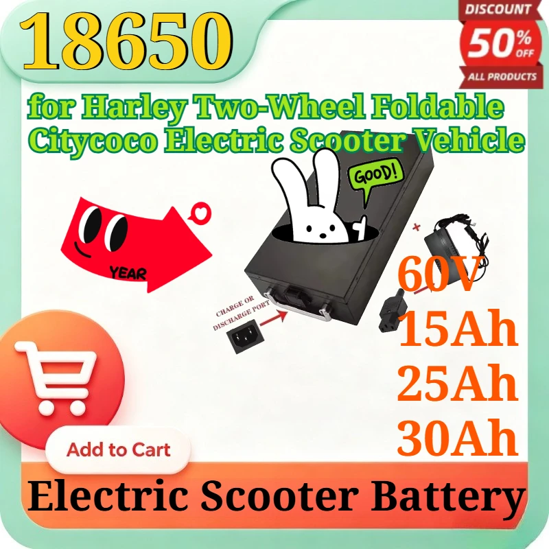 18650 60V 15Ah 25Ah 30Ah Lithium Battery Pack with Charger for Harley Two-Wheel Foldable Citycoco Electric Scooter Vehicle