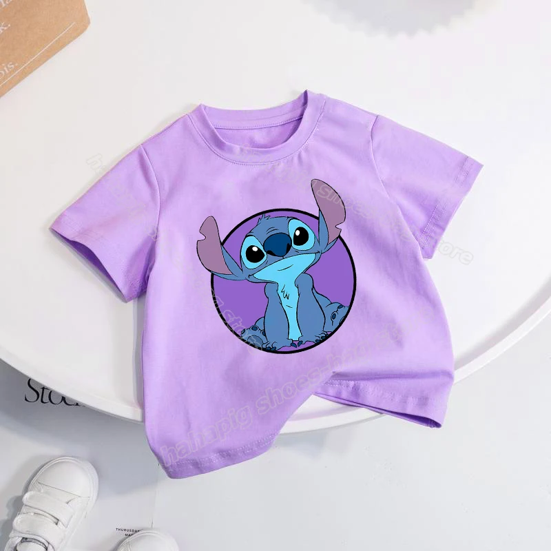 Lilo Stitch Girl T-Shirt Purple Cartoon Symmer Kids Tee Tops Short Sleeve T Shirts Cute Kawaii Summer Casual Children Clothes
