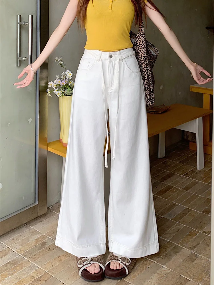 กางเกงยีนส์วินเทจทรงหลวมเอวสูงแบบมีเชือกผูกสำหรับผู้หญิง สไตล์ลำลอง สตรีทแวร์ แฟชั่นทรงตรง