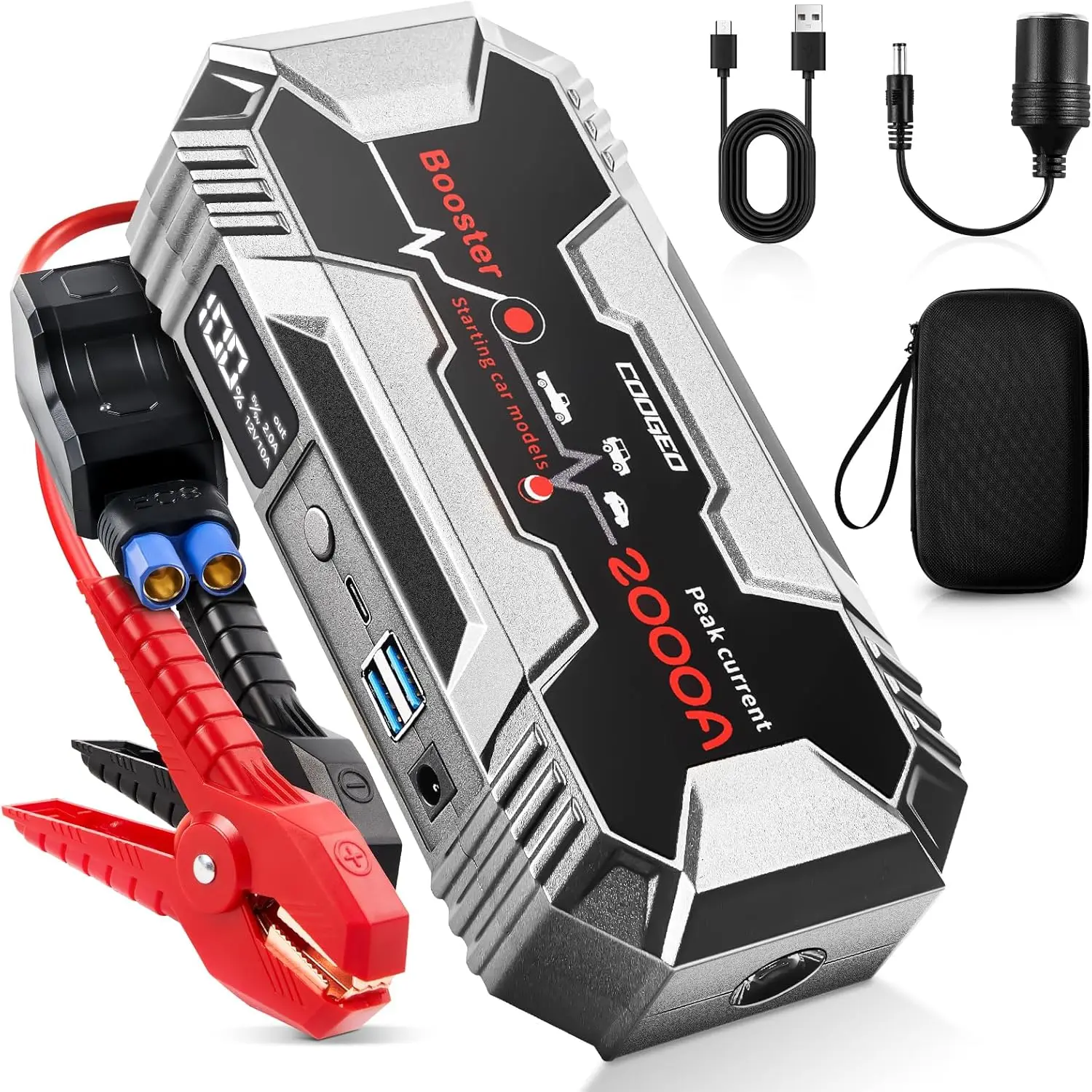 

Portable 2000A Car Jump Starter, 12V Battery Pack for 8.0L Gasoline & 6.0L Engines, Black