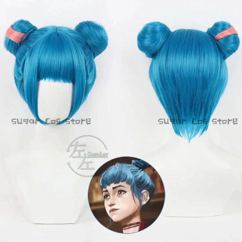 لعبة LOL Arcane 2 أزياء تنكرية شعر مستعار Jinx بدلة زرقاء قصيرة شعر كرات اللحم للنساء والفتيات حفلة الهالوين لعب الأدوار Propsx؛ 8'm6،