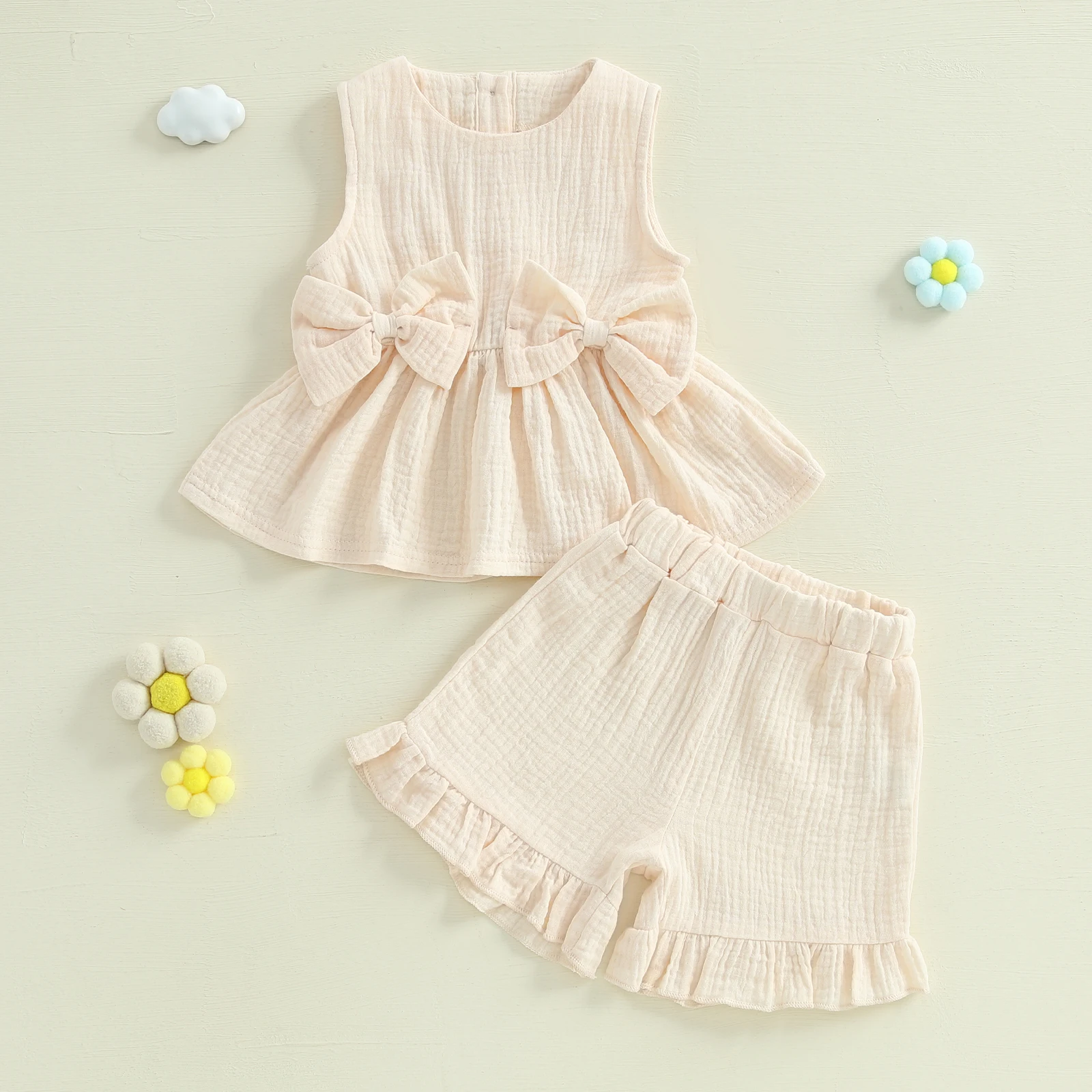 Summer Toddler Girl Clothes Solid Color Bow Round Neck Tank Tops + Elastic Waist Ruffled Shorts 2 Pcs Set