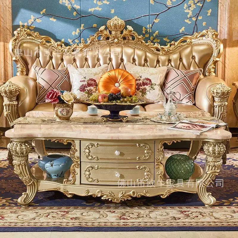 European Style Living Room Villa Luxury Champagne Gold Crown Solid Wood Carved Coffee Table Marble Long Coffee