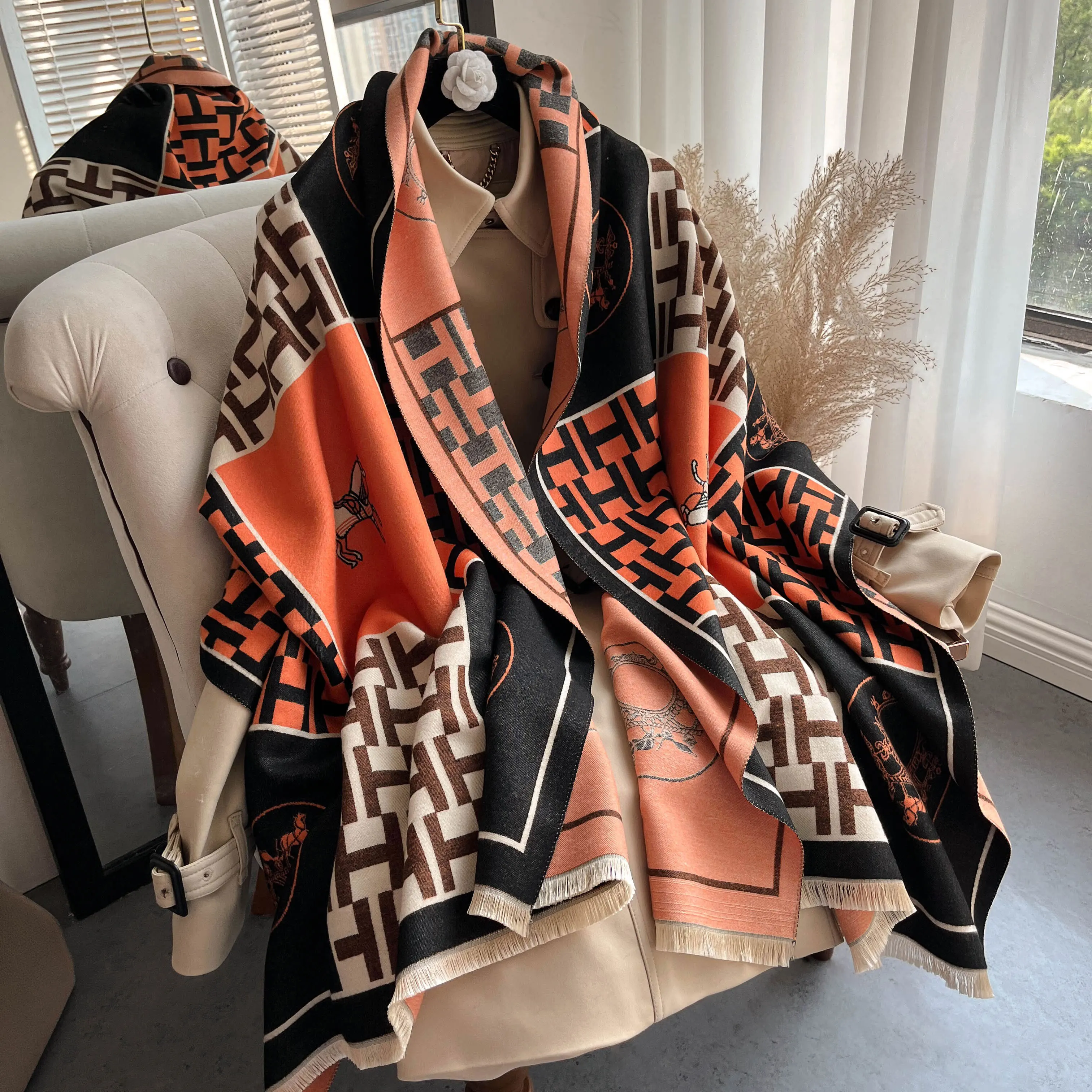 This new thick print winter women's luxury scarf mimics Buanda's cashmere travel blanket shawl wrapped in Echarpe